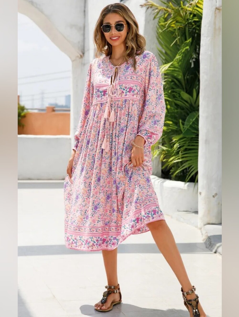 R.Vivimos Long Sleeve Floral Print Retro V-neck Tassel Boho Midi Dress, Size S/M